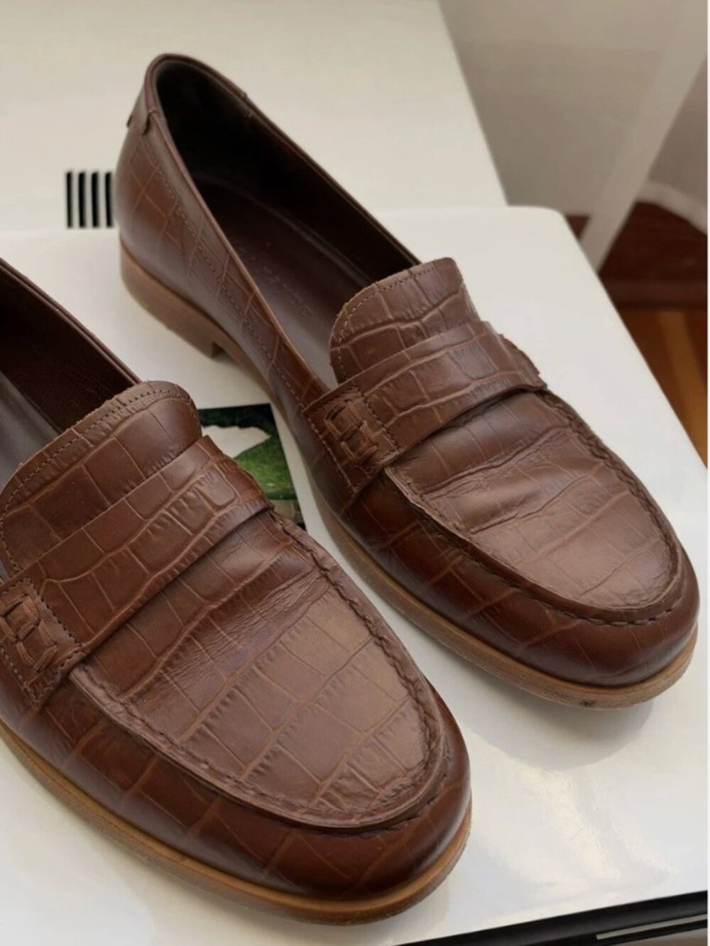 JENNI KAYNE Croc Embossed Leather Women's Flat Penny Loafers EU 38 US 8 Brown